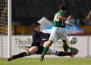 13 August 2007; Michelle O'Brien, from Plainview, New York, representing Columbia University and Ireland, has a shot stopped by Stephanie Mellec, France. Ireland defeated France 1-0 to progress to the Semi-Final where they will play Russia on Wednesday. World University Games 2007, Ireland v France, Quarter-Final, Ramkhamheang University Stadium, Bangkok, Thailand. Picture credit: Brian Lawless / SPORTSFILE