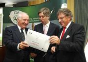 14 August 2007; President of the FAI David Blood, left, with Chief Executive of the FAI John Delaney, centre, and Alistair Gray, Managing Director, Genesis, at a press conference for the unveiling of the FAI High Performance Strategy. Radisson Hotel, Dublin Airport, Dublin. Picture credit; Brendan Moran / SPORTSFILE