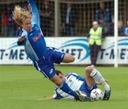 18 August 2007; Michael Gault, Linfield, in action against Adrian McCaffrey, Dungannon Swifts. CIS Insurance Cup, Group A, Dungannon Swifts v Linfield, Stangmore Park, Dungannon, Co. Tyrone. Picture credit: Michael Cullen / SPORTSFILE