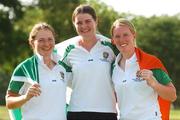 17 August 2007; Ireland team-mates and silver medallists, from left, Gillian O'Leary, from Midleton, Co. Cork, representing UCC, Danielle McVeigh, from Kilkeel, Co. Down, representing Texas A&M University, and Niamh Kitching, from Claremorris, Co. Mayo, representing University of Limerick, celebrate after the final round. Danielle won the Gold medal in the individual event by a clear 4 shots ahead of 2nd place Mexico's Diana Cantu, after carding a 4 over par round of 76 today, with an overall score of 292, 4 over for the tournament. Danielle's score helped take the Ireland team to Silver medal position losing out by only one shot to the Mexico team with an overall team total of 602. Danielle's victory signals Ireland first gold medal since Sonia O'Sullivan and Niall Bruton's wins on track in Sheffield in 1991. World University Games 2007, Women's Team and Individual Golf Event, Final Round, Watermill Golf and Gardens, Bangkok, Thailand. Picture credit: Brian Lawless / SPORTSFILE