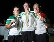 17 August 2007; Ireland team-mates and silver medallists, from left, Gillian O'Leary, from Midleton, Co. Cork, representing UCC, Individual Gold Medalist Danielle McVeigh, from Kilkeel, Co. Down, representing Texas A&M University, and Niamh Kitching, from Claremorris, Co. Mayo, representing University of Limerick, with their medals. Danielle won the Gold medal in the individual event by a clear 4 shots ahead of 2nd place Mexico's Diana Cantu, after carding a 4 over par round of 76 today, with an overall score of 292, 4 over for the tournament. Danielle's score helped take the Ireland team to Silver medal position losing out by only one shot to the Mexico team with an overall team total of 602. Danielle's victory signals Ireland first gold medal since Sonia O'Sullivan and Niall Bruton's wins on track in Sheffield in 1991. World University Games 2007, Women's Team and Individual Golf Event, Final Round, Watermill Golf and Gardens, Bangkok, Thailand. Picture credit: Brian Lawless / SPORTSFILE