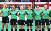 18 August 2007; Ireland's Linda Caulfield, Eimear Cregan, Ciara O'Brien, Jill Orbinson, Bridget McKeever, and Nikki Symmons, stand for the anthem. 2007 EuroHockey Nations Championships, Womens, Pool A, Ireland v England, Belle Vue Hockey Centre, Kirkmanshulme Lane, Belle Vue, Manchester, England. Picture credit: Oliver McVeigh / SPORTSFILE