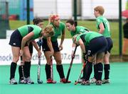18 August 2007; Linda Caulfield, Cathy McKean, Jenny McDonagh, Bridget McKeever, Nikki Symmons, and Jill Orbinson, Ireland, discuss tactics at Penalty corner. 2007 EuroHockey Nations Championships, Womens, Pool A, Ireland v England, Belle Vue Hockey Centre, Kirkmanshulme Lane, Belle Vue, Manchester, England. Picture credit: Oliver McVeigh / SPORTSFILE