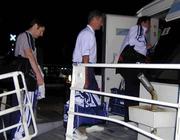 14 November 1999; Republic of Ireland players Denis Irwin, left,  Tony Cascarino, right, and assistant coach Ian Evans board a seacat vessel at Yalova Seaport in Yeravan, Armenia, on their way to Bursa in Turkey for their UEFA European Championships Qualifier Play-Off Second Leg playoff against Turkey. Photo by David Maher/Sportsfile