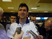 18 November 1999; Tony Cascarino talking to journalists after he announced his retirement from international football with Republic of Ireland at Istanbul Airport in Turkey. Photo by David Maher/Sportsfile