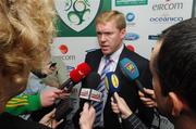 28 August 2007; Republic of Ireland manager Stephen Staunton speaking to journalists at the squad announcement for the 2008 European Championship Qualifier with Slovakia. Republic of Ireland Squad Announcement, Clarion Hotel, Dublin Airport. Photo by Sportsfile *** Local Caption ***