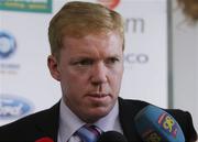 28 August 2007; Republic of Ireland manager Stephen Staunton speaking to radio personell at the squad announcement for the 2008 European Championship Qualifier with Slovakia. Republic of Ireland Squad Announcement, Clarion Hotel, Dublin Airport. Picture credit: Caroline Quinn / SPORTSFILE *** Local Caption ***