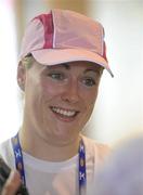 28 August 2007; Ireland's Eileen O'Keeffe speaking to journalists after throwing 71.07 metres with her first and only throw during the Women's Hammer Qualifying Group B which resulted in her qualifying for the final on Thursday. The 11th IAAF World Championships in Athletics, Nagai Stadium, Osaka, Japan. Picture credit: Brendan Moran / SPORTSFILE  *** Local Caption ***