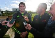 6 January 2015; Munster's Dave O'Callaghan is asked a question by team-mate Simon Zebo during a press conference with ahead of their Guinness PRO12, Round 13, game against Zebre on Saturday. Munster Rugby Squad Training, Cork Institute of Technology, Bishopstown, Cork. Picture credit: Diarmuid Greene / SPORTSFILE