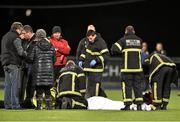 6 January 2015; Members of  Dublin Fire and Rescue attend to Oisin Gavigan, The High School. Bank of Ireland Leinster Schools Vinny Murray Cup 1st Round, The High School v Skerries Community College. Donnybrook Stadium, Donnybrook, Dublin. Picture credit: David Maher / SPORTSFILE