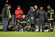 6 January 2015; Members of  Dublin Fire and Rescue attend to Oisin Gavigan, The High School. Bank of Ireland Leinster Schools Vinny Murray Cup 1st Round, The High School v Skerries Community College. Donnybrook Stadium, Donnybrook, Dublin. Picture credit: David Maher / SPORTSFILE