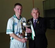 1 September 2007; CJ Fitzpatrick, Limerick, receives the Corn Comairle na Muman Cup from Irish Handball Council President Tom Walsh after defeating Ciaran Neary, Kilkenny. The Martin Donnelly All-Ireland 60 x 30 Minor Handball Singles Final, Handball Alley, Croke Park, Dublin. Picture credit: Stephen McCarthy / SPORTSFILE  *** Local Caption ***