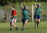 1 September 2007; London's Sharon Lynch, centre, celebrates after scoring her side's first goal with team-mate Anna McGillicuddy, as Georgina Coleman, Carlow, looks on. TG4 All-Ireland Junior Ladies Football Championship Semi-Final, London v Carlow, Lawless Park, Fingallians, Swords. Picture credit: Ray Lohan / SPORTSFILE