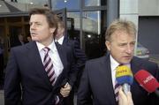 5 September 2007; Ireland head coach Eddie O'Sullivan answers questions with Brian O'Driscoll at Dublin Airport before their departure for Bordeaux for the Rugby World Cup. Ireland Rugby Squad Departure, Dublin Airport, Dublin. Picture credit; Brian Lawless / SPORTSFILE