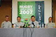 7 September 2007; Ireland coaching staff, from left, Brian McLoughlin, skills coach, Mark Tainton, kicking coach, Niall O'Donovan, assistant coach and Graham Steadman, defence coach, at a press conference ahead of their Pool D game with Namibia on Sunday next. Ireland Rugby Press Conference, 2007 Rugby World Cup, Sofitel Bordeaux Aquitania, Bordeaux, France. Picture credit: Brendan Moran / SPORTSFILE