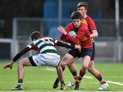 8 January 2015; Jeff Waldron, St Fintan's High School, Sutton, is tackled by Piers Morrell, St Columba's College. Bank of Ireland Leinster Schools Vinny Murray Cup 1st Round, St Columba's College v St Fintan's High School, Sutton. Donnybrook Stadium, Donnybrook, Dublin. Picture credit: Matt Browne / SPORTSFILE