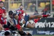 10 January 2015; Simon Zebo, Munster, is tackled by Luca Redolfini and Andrea Manici, Zebre. Guinness PRO12 Round 13, Zebre v Munster, Stadio XXV Aprile, Parma, Italy. Picture credit: Roberto Bregani / SPORTSFILE
