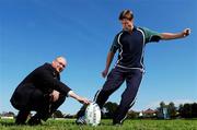 5 September 2007; AIB Visa Platinum Card joins forces with Ronan O’Gara, to celebrate the Rugby World Cup 2007. Ireland out-half Ronan O'Gara kicked off’ the competition in style, by giving Michael McCarthy, Head of AIB Credit Card Services, a demonstration of things to come, before heading to France for the Rugby World Cup 2007. Stradbrook Road, Blackrock, Co. Dublin. Picture credit: Brendan Moran / SPORTSFILE