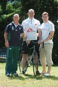 7 September 2007; As the entire country counts down in excitement to Ireland’s Rugby World Cup campaign in France, Darragh McElligott, is embarking on a novel rugby tour of his own, on his bike. Darragh is pedallling through an aptly-named ‘Rugby Tour de France’, a gruelling three-week solo cycle passing through seven French World Cup host cities, to raise funds for international medical humanitarian aid agency, Médecins Sans Frontières (MSF). Darragh, a 32 year-old solicitor who lives and works in Dublin, will cover 1,500km in 20 days, from September 01 to September 20, comprising sixteen days of cycling and just four rest days, with an average daily distance of approximately 100km.  Setting off from Dublin to arrive in Nantes on the west coast of France, Darragh will head south to Bordeaux, where Ireland plays its opening match, and will finish up in the world heritage city of Lyon on 20 September. Pictured with Darragh are Irish rugby stars Peter Stringer, left, and Gordon D'Arcy. 2007 Rugby World Cup, Sofitel Bordeaux Aquitania, Bordeaux, France. Picture credit: Brendan Moran / SPORTSFILE  *** Local Caption ***