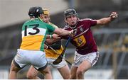 11 January 2015; Liam Varley, Westmeath, in action against Shane Dooley and Shane Kinsella, partially hidden, Offaly. Bord na Mona Walsh Cup, Group 4, Round 1, Westmeath v Offaly, Cusack Park, Mullingar, Co. Westmeath. Picture credit: Pat Murphy / SPORTSFILE