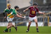 11 January 2015; Liam Varley, Westmeath, in action against Shane Dooley and Shane Kinsella, left, Offaly. Bord na Mona Walsh Cup, Group 4, Round 1, Westmeath v Offaly, Cusack Park, Mullingar, Co. Westmeath. Picture credit: Pat Murphy / SPORTSFILE