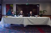 12 January 2015; Association of Sports Journalists in Ireland Hon. Secretary / Treasurer Fionnbar Callanan, Peter Byrne, President, and Jimmy Magee, Vice-President at the Association's annual general meeting in the Tara Towers Hotel, Merrion Road, Dublin. Picture credit: Ray McManus / SPORTSFILE