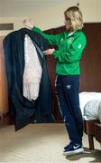 13 January 2015; Republic of Ireland International Stephanie Roche prepares her dress for departure following the FIFA Ballon D'Or 2014 Awards ceremony in Zurich, to join up with her Republic of Ireland team-mates for a training camp in La Manga, Spain. Hyatt Hotel, Switzerland. Picture credit: David Maher / SPORTSFILE