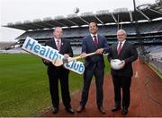 14 January 2015; Irish Life is to invest €1million in the GAA’s Healthy Club Project. The commitment will greatly enhance the project’s positive influence on the health and wellbeing of GAA clubs, their members, and the communities they serve. The investment has been made as part of Irish Life’s Corporate Social Responsibility (CSR) programme to celebrate the company’s 75th anniversary of business in Ireland. Pictured at the announcement are Minister for Health Leo Varadkar T.D, with Uachtarán Chumann Lúthchleas Gael Liam Ó Néill and Bill Kyle, CEO Irish Life. Croke Park, Dublin. Picture credit: David Maher / SPORTSFILE