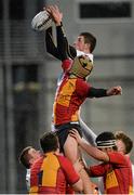 14 January 2015; Eric Hunt, Presentation College Bray, wins possession in the lineout ahead of Tom Moore, Fintan's High School. Bank of Ireland Leinster Schools Vinnie Murray Cup, Quarter-Final, Presentation College Bray v St. Fintan's High School, Donnybrook Stadium, Donnybrook, Dublin. Picture credit: Piaras Ó Mídheach / SPORTSFILE