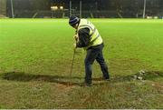 14 January 2015; Groundsman David Carr works on the pitch before the game. Bank of Ireland Dr McKenna Cup, Group A, Round 3, Down v UUJ. Páirc Esler, Newry, Co. Down. Picture credit: Philip Fitzpatrick / SPORTSFILE