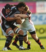 21 September 2007; Filo Tiatia, Ospreys, is tackled by Tim Barker, left, and Tom Court, Ulster. Magners League, Ulster v Ospreys, Ravenhill, Belfast. Picture credit; Paul Mohan / SPORTSFILE