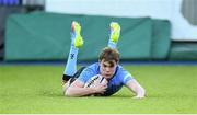 17 January 2015; UCD's Garry Ringrose goes over for a try. Leinster Senior League Cup Final, UCD v Clontarf. Donnybrook Stadium, Donnybrook, Dublin. Picture credit: Pat Murphy / SPORTSFILE