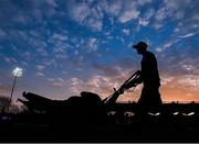 17 January 2015; A member of the RDS grounds staff prepares the pitch ahead of the game. European Rugby Champions Cup 2014/15, Pool 2, Round 5, Leinster v Castres. RDS, Ballsbridge, Dublin. Picture credit: Stephen McCarthy / SPORTSFILE