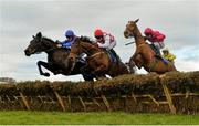 18 January 2015; Golan Road, extreme left, with Davy Russell up, jumps the last ahead of Teoleena, centre, with Kevin Sexton up, and Bonny Kate, with Paul Carberry up, on their way to winning the 2015 Leopardstown Membership Mares Maiden Hurdle. Leopardstown, Co. Dublin. Picture credit: Barry Cregg / SPORTSFILE