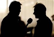 25 September 2007; Ireland head coach Eddie O'Sullivan is interviewed by RTE Radio Rugby Correspondent Michael Corcoran, left, during a press conference. Ireland Rugby Press Conference, 2007 Rugby World Cup, Sofitel Bordeaux Aquitania, Bordeaux, France. Picture credit: Brendan Moran / SPORTSFILE