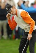 29 September 2007; Raphael Jacquelin, Continental Europe, celebrates his winning putt on the 17th green against Justin Rose and Paul Casey. The Seve Trophy, Greensomes, The Heritage Golf & Spa Resort, Killenard, Co. Laois. Picture credit: Matt Browne / SPORTSFILE