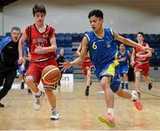 20 January 2015; Hanzel Lague, St Vincents Glasnevin, in action against Sean Kelly, St Mary's College Galway. All-Ireland Schools Cup U19B Boys Final, St Vincents Glasnevin v St Mary's College Galway, National Basketball Arena, Tallaght, Dublin. Picture credit: David Maher / SPORTSFILE