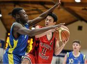 20 January 2015; Kiearonne Virginio, St Mary's College Galway, in action against Emmanuel Esuku, St Vincents Glasnevin. All-Ireland Schools Cup U19B Boys Final, St Vincents Glasnevin v St Mary's College Galway, National Basketball Arena, Tallaght, Dublin. Picture credit: David Maher / SPORTSFILE