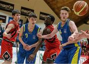 20 January 2015; Martin Neary and Silviu Mirt, no.10, St Vincents Glasnevin, in action against Kiarmuid Mulkerrins, left, and Ladmy Sila, St Mary's College Galway. All-Ireland Schools Cup U19B Boys Final, St Vincents Glasnevin v St Mary's College Galway, National Basketball Arena, Tallaght, Dublin. Picture credit: David Maher / SPORTSFILE