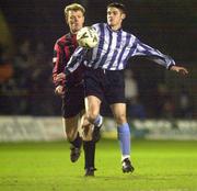 3 February 2000; Eoin Mullens of Bohemians in action against Kieran Fitzpatrick of St Mochta's during the FAI Harp Lager Cup Quarter-Final match between Bohemians and St Mochta's at Dalymount Park in Dublin. Photo by David Maher/Sportsfile