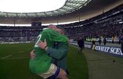 19 March 2000; Ireland coach Coach Warren Gatland celebrates with Keith Wood after the Six Nations Rugby Championship match between France and Ireland at the Stade de France in Paris, France. Photo by Matt Browne/Sportsfile