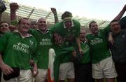 19 March 2000; Ireland players, from left, Peter Clohessy, John Hayes, Kevin Maggs, Denis Hickie, Frank Sheahan, Anthony Foley and Justin Fitzpatrick celebrate after the Six Nations Rugby Championship match between France and Ireland at the Stade de France in Paris, France. Photo by Matt Browne/Sportsfile
