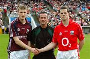 25 August 2007; Galway captain Kevin Hynes and Cork captain Shane O'Neill shake hands in front of referee James McGrath. Erin All-Ireland U21 Hurling Championship Semi-Final. Semple Stadium, Thurles, Co. Tipperary. Picture credit: Ray McManus / SPORTSFILE