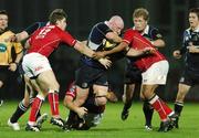 5 October 2007; Bernard Jackman, Leinster, is tackled by Gavin Evans, 12, and Deacon Manu, Llanelli Scarlets. Magners League, Leinster v Llanelli Scarlets, RDS, Ballsbridge, Dublin. Picture credit; Matt Browne / SPORTSFILE