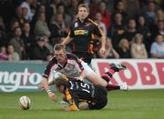 6 October 2007; Kevin Morgan, Newport Gwent Dragons, spills the high ball as Mark McCrea, Ulster, puts the pressure on. Magners League, Newport Gwent Dragons v Ulster, Rodney Parade, Newport, Wales. Picture credit; Steve Pope / SPORTSFILE