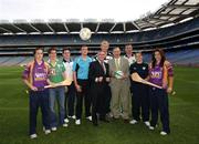 10 October 2007; John McGuinness, T.D., Minister for Trade and Commerce, centre, with from left. Brona Furlong, Wexford, Orla Brennan, IRFU, Stephen Cluxton, Dublin, Dan Connor, Drogheda United, Leo Cullen, IRFU, Enda McDonnell, Director of Standards with the NSAI, Brian Begley, Limerick Ash Dyer, FAI, and Mags D'Arcy, Wexford, at the launch of the Goalpost Safety Standards by NSAI & National Awareness Campaign by the FAI, IRFU, GAA and Cumann Camogie. Croke Park, Dublin. Picture credit: Matt Browne / SPORTSFILE