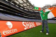 12 October 2007; Dubliner Shane Riordan checks the spelling on a giant sign in Croke Park as he prepares to be the first ever Irish fan to have their name displayed pitch-side, during an Irish International soccer match, when Ireland take on Germany in the Euro 2008 Qualifier on Saturday the 13th October 2007. Shane emerged as the winner of a week-long eircom soccer competition that ran on 2fm's Gerry Ryan Show. eircom, sponsors of the Irish soccer team, have given Shane and 9 friends a prize of a lifetime when Irish soccer legend John Aldridge will join them for the day in their very own corporate box at the Ireland match. For exclusive interviews and behind-the-scenes footage of the Irish team log on to www.eircom.net/soccer. Croke Park, Dublin. Picture credit: David Maher / SPORTSFILE