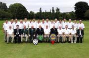 15 September 2007; Muskerry Golf Club, Co. Cork, winners of the Bulmers Jimmy Bruen Shield, back row, left to right, Sean Cronin, Fred Twomey, Diarmuid Linehan, Jackie Solan, David Lane, Daniel Hallissey, Tom Purcell, Jim Hornibrook, Neil O’Brien, Denis Lynch, Gordian Barry, Denis Keane, Eoin O’Callaghan, Ben Harte, Mike McGrath, Adrian O’Sullivan and Donal Healy, front row, left to right, Pat Sheppard, Paul McGurk, Bulmers, Dennis McConnell, Captain, Shandon Park G.C.; Tommie Basquille, President, Golfing Union of Ireland; Jim O’Driscoll, Captain, Muskerry G.C.; Maurice Leahy, Team Captain; Tom Philpott, President, Muskerry G.C.; Jerry O’Callaghan, Mike O’Leary, Paul Herlihy and Sean McMahon, Chairman, Golfing Union of Ireland Munster Branch. Bulmers Cups and Shields Finals 2007, Shandon Park Golf Club, Belfast, Co. Antrim. Picture credit: Ray McManus / SPORTSFILE
