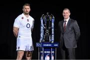 28 January 2015; In attendance at the launch of the RBS Six Nations Championship Launch 2015 is England's Chris Robshaw and head coach Stuart Lancaster. RBS Six Nations Championship Launch 2015, The Hurlingham Club, Ranelagh Gardens, London, England. Picture credit: Ramsey Cardy / SPORTSFILE