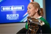 28 January 2015; Ireland's Niamh Briggs speaks to media at the launch of the RBS Six Nations Championship Launch 2015. RBS Six Nations Championship Launch 2015, The Hurlingham Club, Ranelagh Gardens, London, England. Picture credit: Ramsey Cardy / SPORTSFILE
